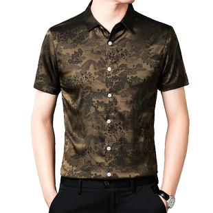 2025夏季新款丝绸男士短袖花衬衫绸缎衬衣男中年爸爸宽松半袖男装