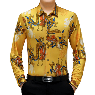 长袖花衬衫男薄款带口袋中年爸爸宽松中国风衬衣中老年龙图案男士