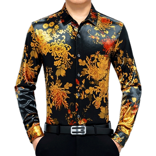 金丝绒秋春秋季中老年男士衬衫长袖爸爸花衬衣真口袋男中年秋款