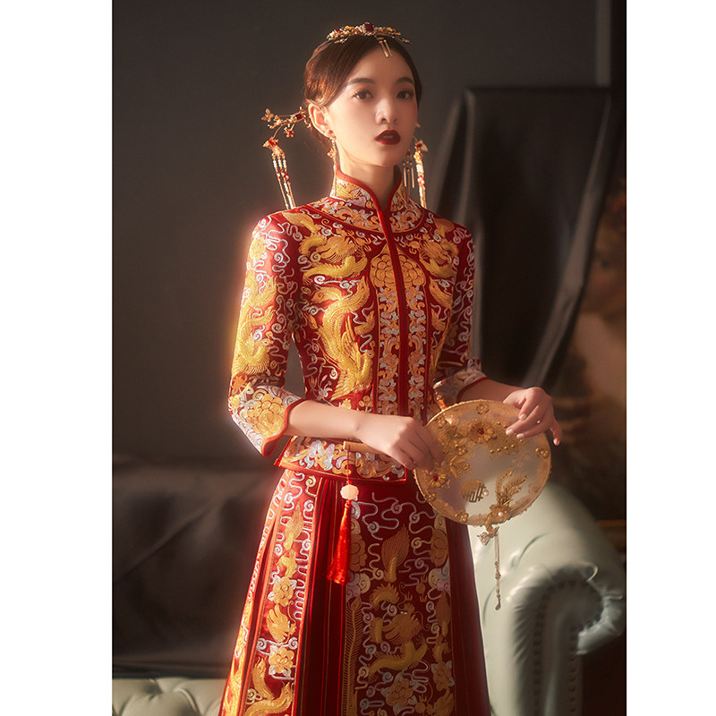 秀禾服新娘中式婚纱礼服中国风嫁衣夏季薄款出阁服修身龙凤褂旗袍