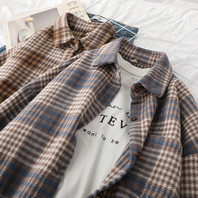 复古港味ins秋冬衬衣内搭加厚磨毛宽松毛呢外套女式打底格子衬衫