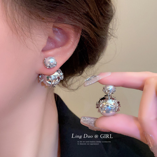 日韩合金女珍珠小众十字架耳钉