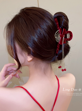 流苏扇子丝绒红色蝴蝶结抓夹旗袍汉服后脑勺发夹鲨鱼夹民族风发饰
