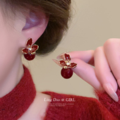 复古红色花朵仿珍珠耳钉女轻奢高级感气质百搭精致耳环新年耳饰品