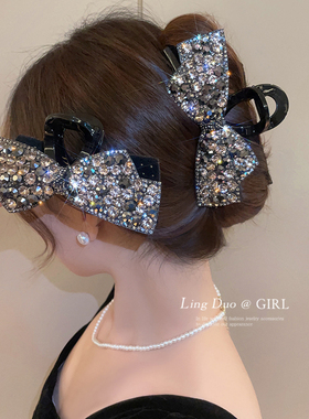 新款满钻蝴蝶结抓夹女高级感黑色发夹时尚精致鲨鱼夹头饰夹子发饰
