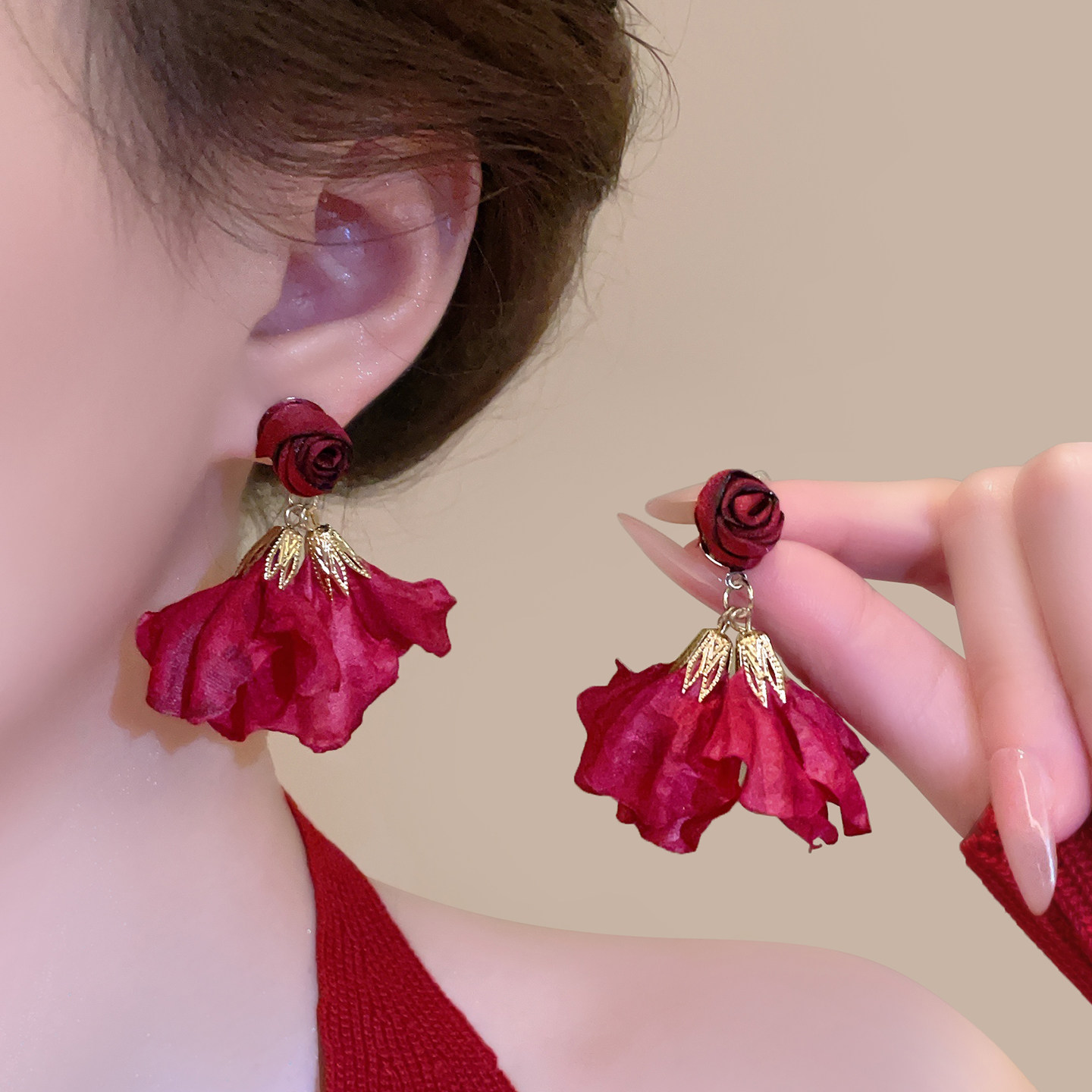 酒红色超仙复古玫瑰花朵耳钉耳环高级感小众夸张气质度假风耳饰品,饰品/流行首饰/时尚饰品新,耳环,淘宝优惠券,粉丝福利购,淘宝优惠卷