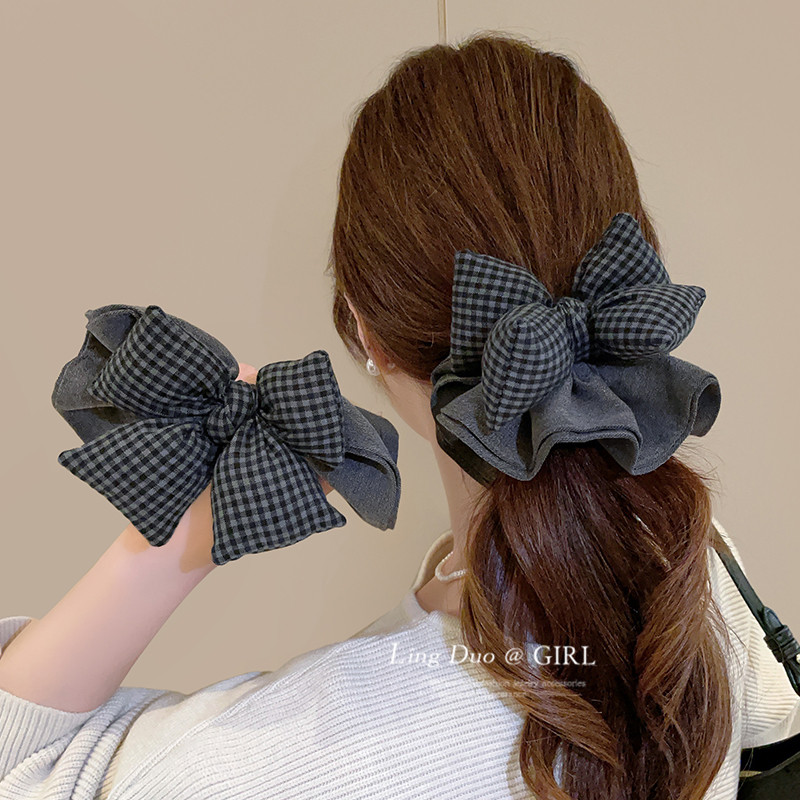 黑灰格纹蝴蝶结发圈韩系高端发饰