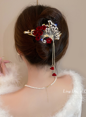 红色蝴蝶流苏发夹女后脑勺盘发抓夹高端扭扭夹气质一字夹头饰发饰