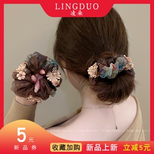 氛围感莫奈花园发圈女后脑勺高马尾绑发头绳高弹力皮筋头花发饰潮