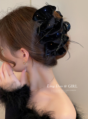 超仙羽毛抓夹女高级感秋冬丝绒泡泡蝴蝶结发夹后脑勺盘发鲨鱼夹