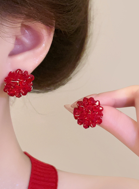 树莓女孩 气质红色串珠耳环女高级感2025新款耳钉独特小众耳饰潮