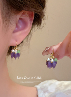紫色花朵耳坠珍珠耳环女小众设计高级感气质轻奢耳饰2025新款爆款