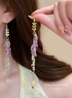 紫色麦穗流苏耳环耳钩女轻奢高级感气质长款耳坠耳饰时尚独特精致