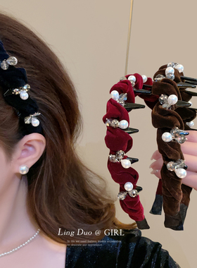 红色丝绒珍珠发箍女高级感2026新款轻奢高颅顶洗脸头箍压发卡头饰