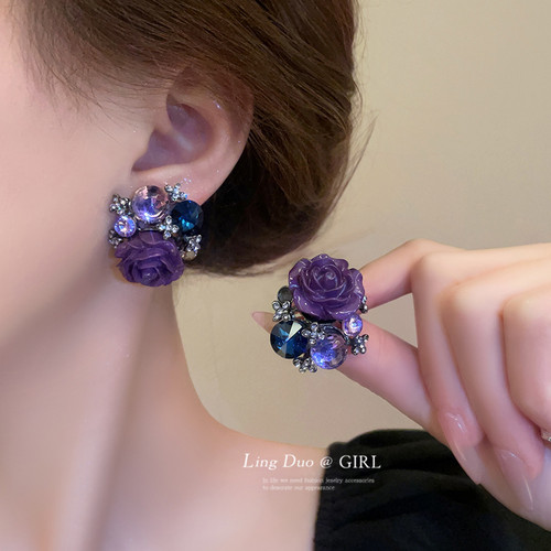 日韩合金材质紫色花朵耳钉女