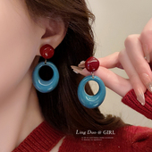 复古港风氛围圆圈撞色耳环女款 度假风蓝色耳钉小众设计感夸张耳饰