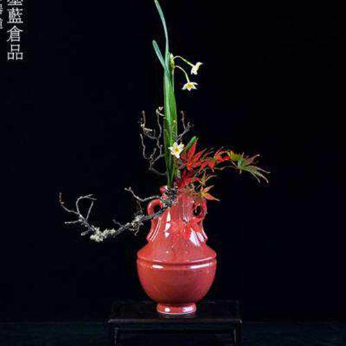 墨蓝花器道红色陶瓷禅意花瓶中式插花器皿客厅桌面摆件日式插花.1
