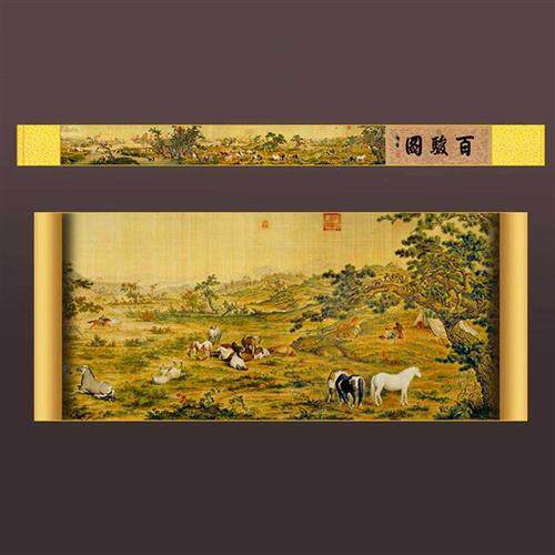 十大名画百骏图全图1:1绢布喷绘丝绸画长卷收藏客厅无框书房装饰x