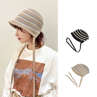 田曦薇同款帽子日本CA4LA条纹系带渔夫帽女夏季透气飘带针织帽子