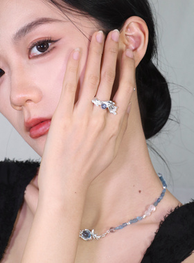 ERSHI尔时｜潮汐 原创设计海洋浪花925纯银海蓝宝开口可调节戒指