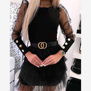Sleeve Solid Tops Fashion Female Puff Shoulder O-Neck Shirts