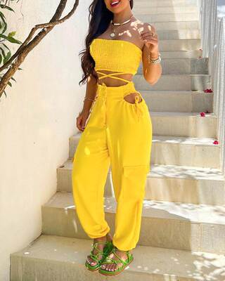 打揽抹胸上衣工装长裤套装 Crisscross Top & Cutout Pants S