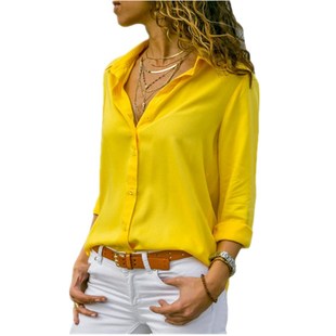 Chiffon Yellow Female Work Wear Shirts Blouse Plus Size 深V