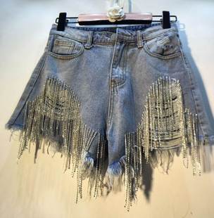 2022夏破洞高腰水钻流苏链条修身显瘦阔腿牛仔短裤女Jean shorts