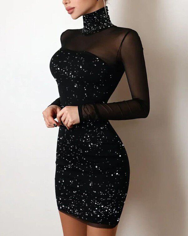 Glitter High Neck Contrast Mesh Bodycon Dress网纱拼接连衣裙