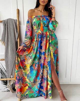 Off Shoulder Colorful Print Slit Maxi Dress彩色印花连衣裙女