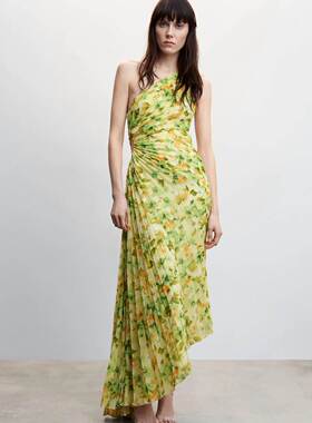 Women Holiday One Shoulder Dress度假风单肩碎花印花压褶连衣裙
