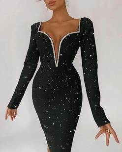 Rhinestone Party Decor Slit Dress黑色闪光连衣裙 High Glitter