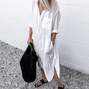 Collar Button Side Split Sundress Female Tunic Robe衬衣裙女