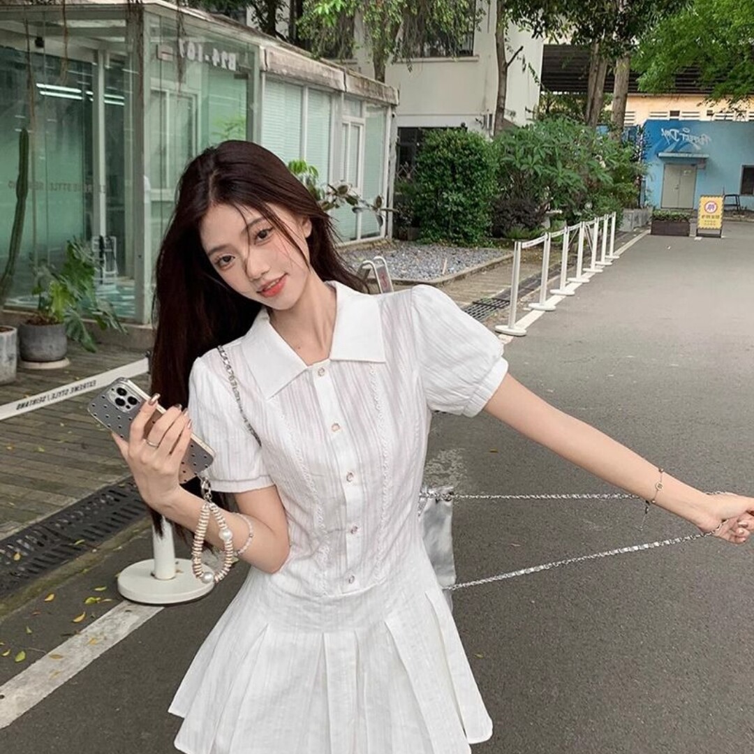 学院风白色衬衫连衣裙子女装2026新款夏季小个子百褶短裙套装穿搭
