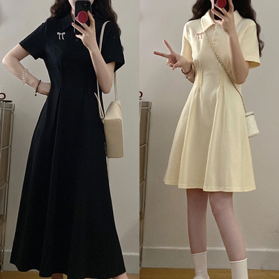 实拍 大码女装胖mm夏季新款收腰捏褶polo领刺绣连衣裙