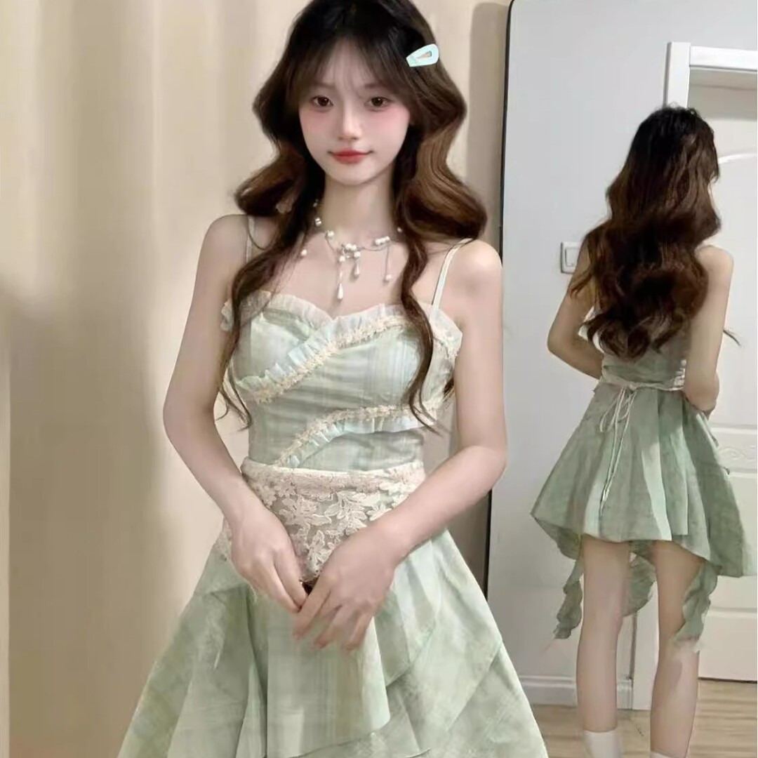 2025春季新款少女风甜美绿色连衣裙