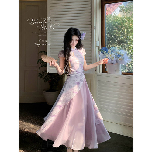 幻紫流云 新中式改良国风暗纹印花旗袍收腰琉光纱裙