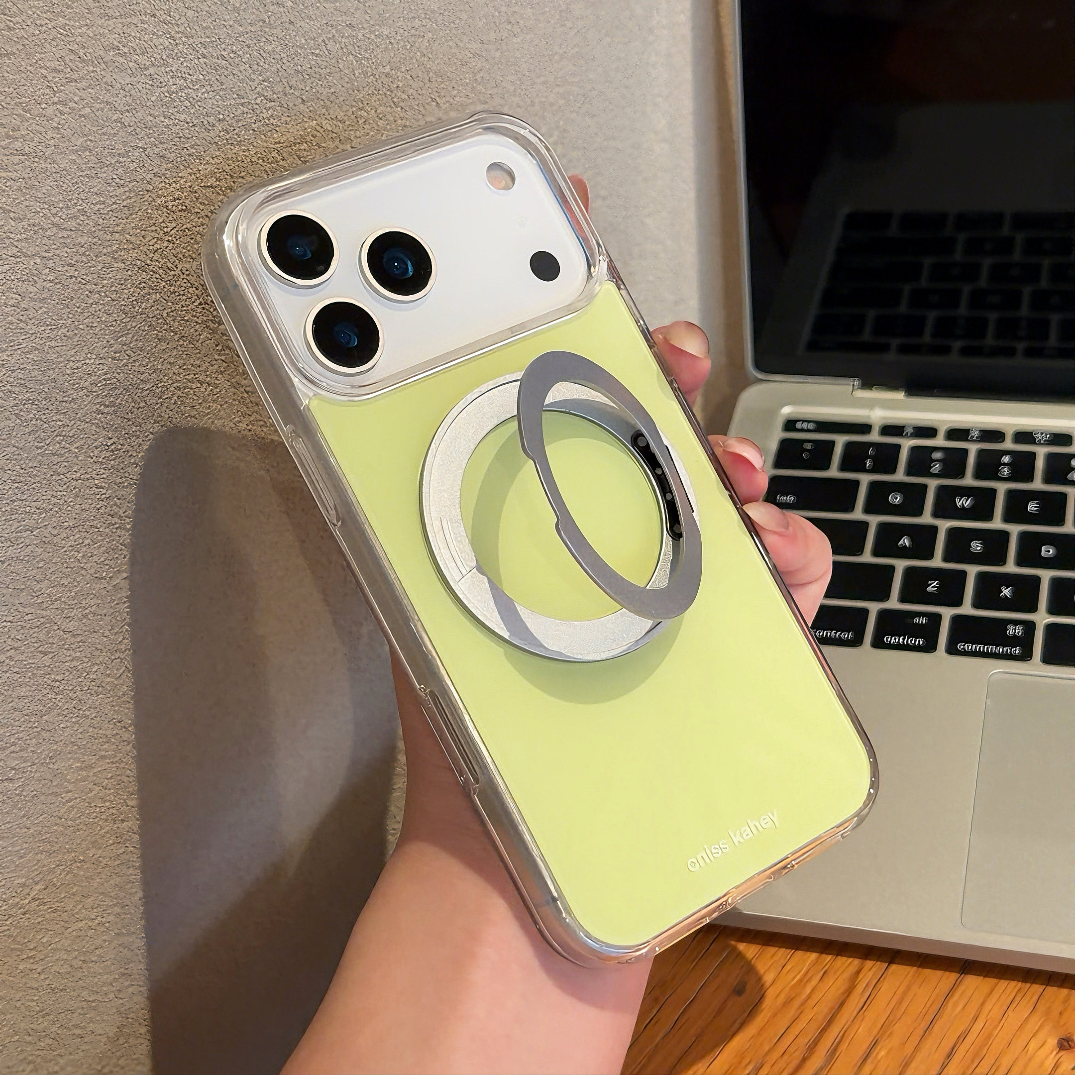 恩王 新款绿色简约360度旋转苹果17promax手机壳适用于iPhone16pro折叠便携15max高级感创意十七手机软套男女