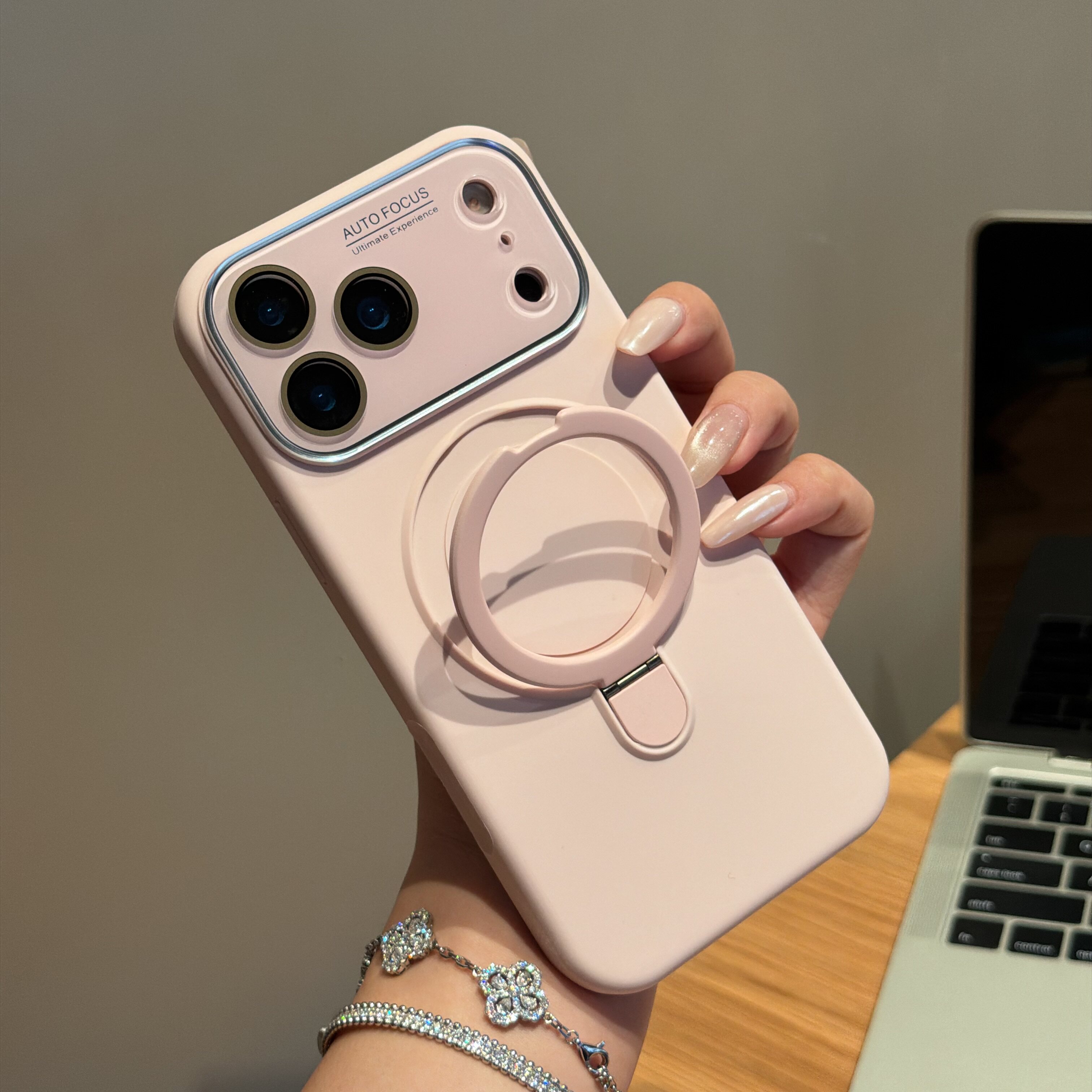 恩王 小众少女粉液态折叠支架苹果17promax手机壳适用于iPhone16pro带镜头膜15max全包防摔十七高级便携软套