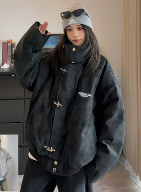 美式灰色扎染pu皮棉服外套男女冬季加厚保暖面包服立领飞机扣棉衣