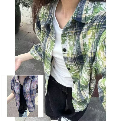 牛油果绿色扎染格子衬衫男女短袖cleanfit小众设计感情侣外套上衣