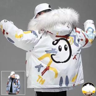 涂鸦棉衣男青年潮牌羽绒服2024新款冬季短款情侣加厚工装国潮外套