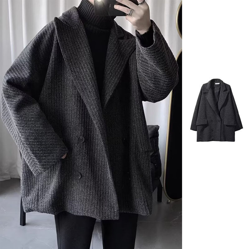 时尚帅气毛衣男女秋冬高级感西装领慵懒风宽松青少年休闲开衫外套,男装,毛呢大衣,淘宝优惠券,粉丝福利购,淘宝优惠卷