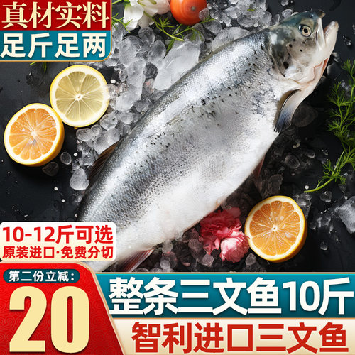 进口三文鱼智利整条新鲜10-12斤生鱼片鲑鱼海鲜冷冻非冰鲜即食