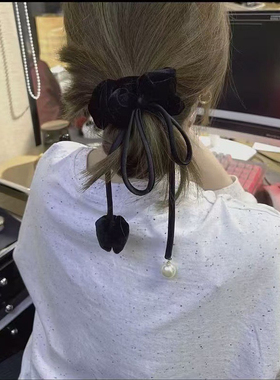 秋冬新款～丝绒玫瑰花小香风丝带抽绳蝴蝶结珍珠发圈头花发饰女