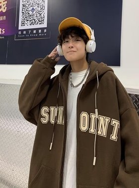 复古宽松慵懒风开衫连帽卫衣男秋冬加绒2025新款oersize外套情侣