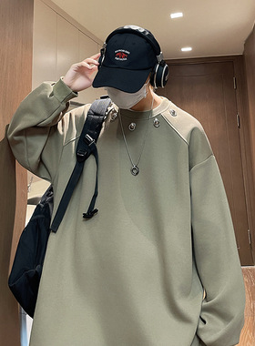 复古oersize垫肩黑色圆领卫衣男女铆钉设计感小众内搭长袖外套男