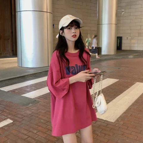 玫红色高级感t恤女夏2025年新款韩版短袖中长款宽松大版上衣外穿