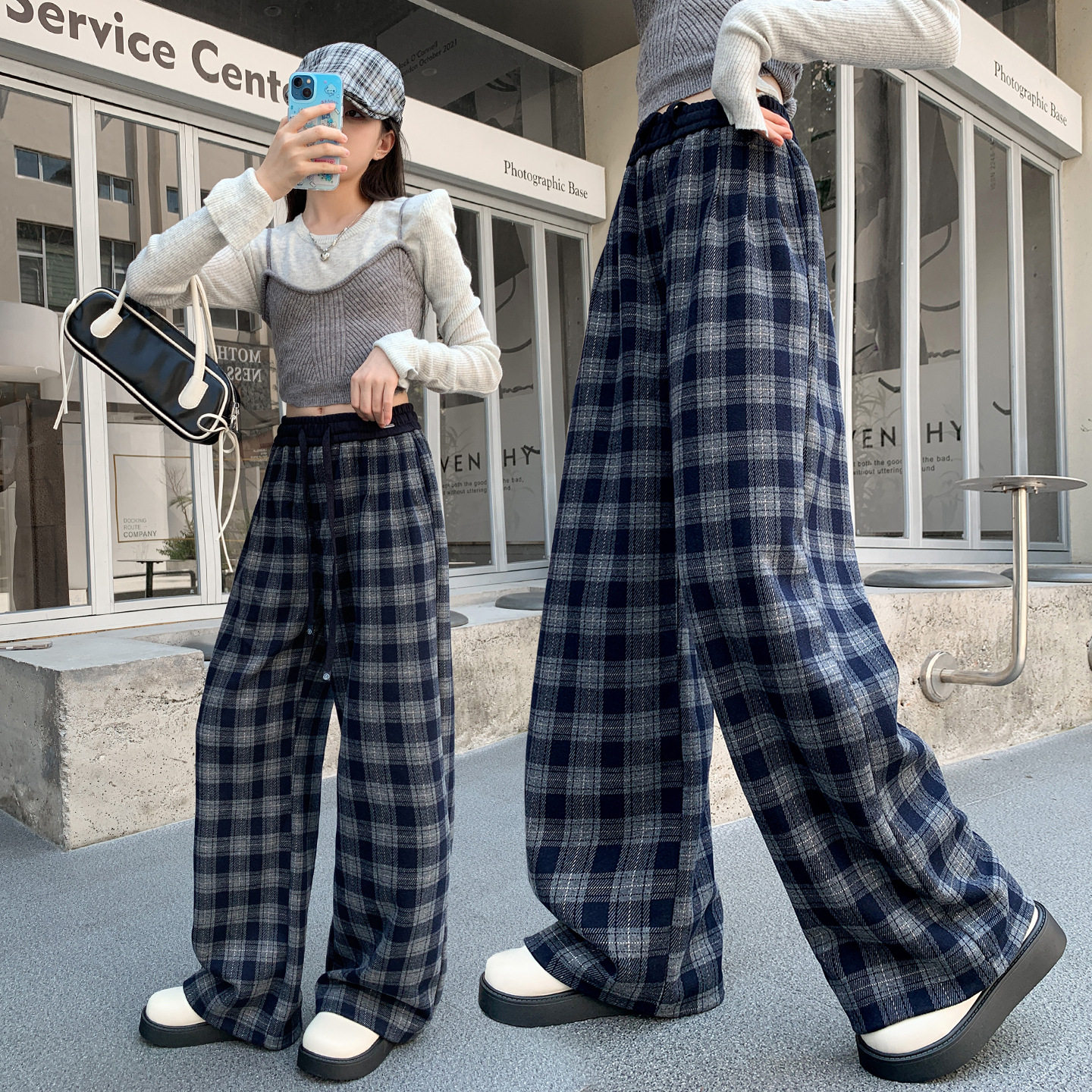 女童春秋裤子中大童2025新款女孩洋气阔腿裤儿童秋季格子休闲长裤