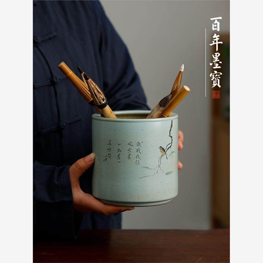 匠人手绘枝头鸟景德镇陶瓷 笔筒/笔洗/水盂/水丞小摆件 文房四宝